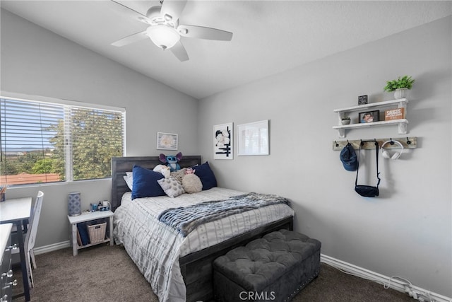 22565 Pecan Pl, Saugus, CA 91390 - carpeted bedroom with lofted ceiling, baseboards, and ceiling fan