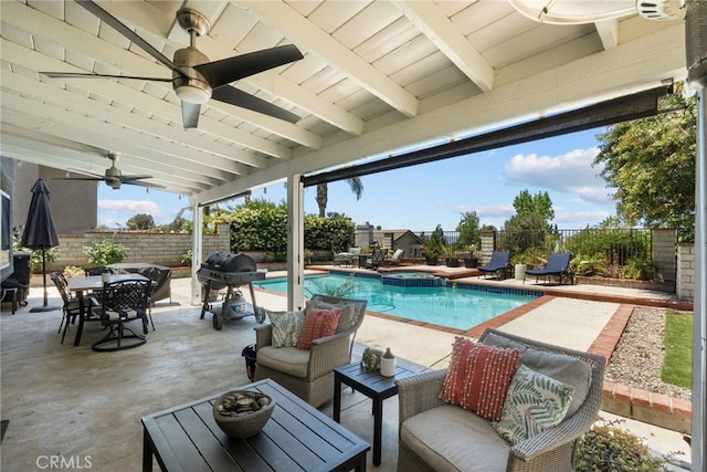 22565 Pecan Pl, Saugus, CA 91390 - fenced backyard featuring grilling area, a ceiling fan, a patio area, and a pool with connected hot tub