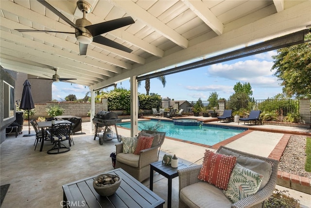 22565 Pecan Pl, Saugus, CA 91390 - view of swimming pool with a fenced backyard, grilling area, a ceiling fan, and a patio