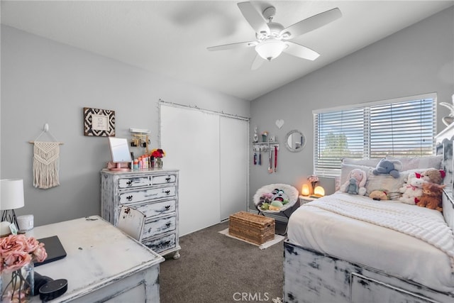 22565 Pecan Pl, Saugus, CA 91390 - carpeted bedroom featuring lofted ceiling, a closet, and a ceiling fan