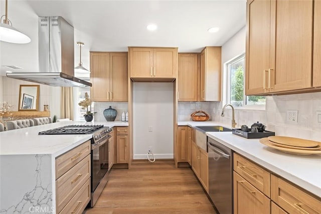 20853 Moonlake St, Diamond Bar, CA 91789 - kitchen with appliances with stainless steel finishes, island exhaust hood, light wood finished floors, decorative backsplash, and recessed lighting