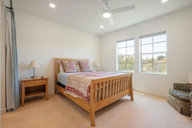 4366 Pacifica Way Unit 5, Oceanside, CA 92056 - bedroom featuring light carpet, baseboards, recessed lighting, and a ceiling fan