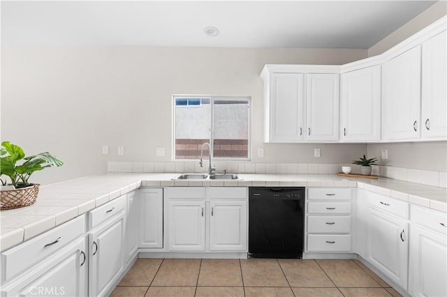 43453 Tali St, Lancaster, CA 93535 - kitchen featuring dishwasher, a sink, white cabinets, tile countertops, and light tile patterned floors