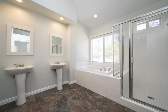 5110 Wisteria Dr, Oceanside, CA 92056 - full bathroom with a garden tub, healthy amount of natural light, stone finish flooring, a stall shower, and recessed lighting