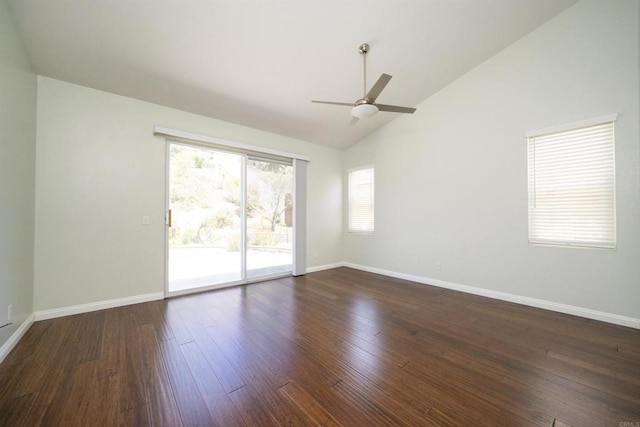 5110 Wisteria Dr, Oceanside, CA 92056 - unfurnished room with lofted ceiling, ceiling fan, dark wood-type flooring, and baseboards