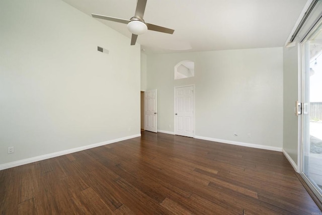 5110 Wisteria Dr, Oceanside, CA 92056 - empty room featuring ceiling fan, baseboards, dark wood-style floors, and high vaulted ceiling