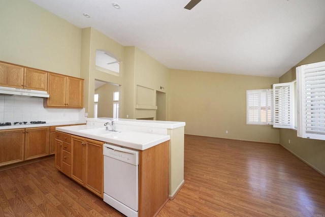 5110 Wisteria Dr, Oceanside, CA 92056 - kitchen with white appliances, vaulted ceiling, light wood-style flooring, light countertops, and open floor plan