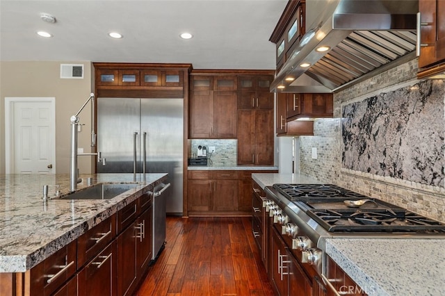 22581 Summerfield, Mission Viejo, CA 92692 - kitchen featuring custom range hood, stainless steel appliances, dark wood-style flooring, decorative backsplash, and recessed lighting