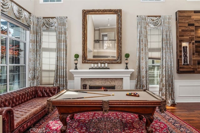 22581 Summerfield, Mission Viejo, CA 92692 - sitting room featuring wood finished floors, billiards, a fireplace, wainscoting, and crown molding