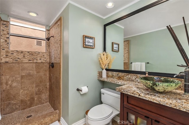 22581 Summerfield, Mission Viejo, CA 92692 - bathroom featuring tiled shower, vanity, and crown molding