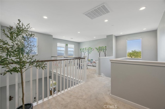 18171 Hedgerow Way, Saugus, CA 91350 - hallway with carpet, recessed lighting, and an upstairs landing