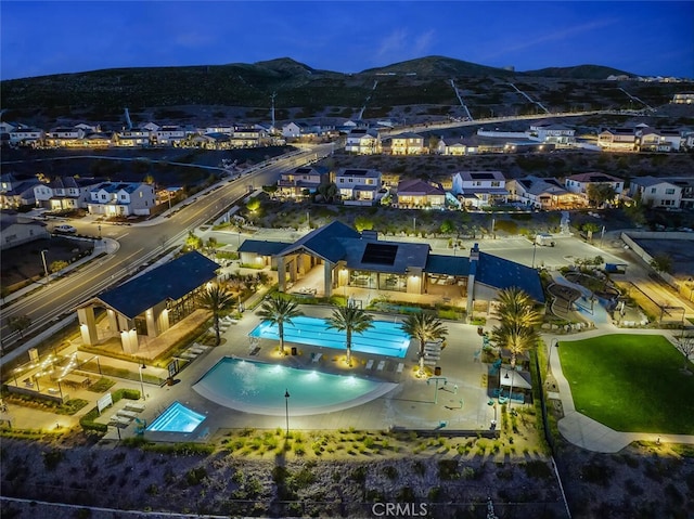 18171 Hedgerow Way, Saugus, CA 91350 - aerial view of property and surrounding area featuring a pool and mountains
