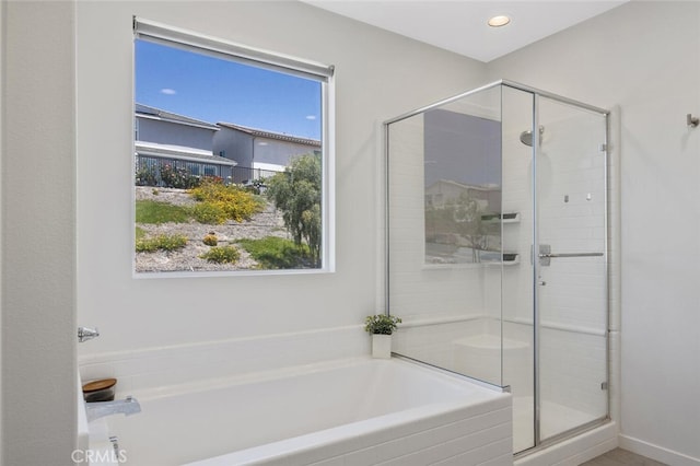 18171 Hedgerow Way, Saugus, CA 91350 - full bath with a stall shower, a bath, and recessed lighting