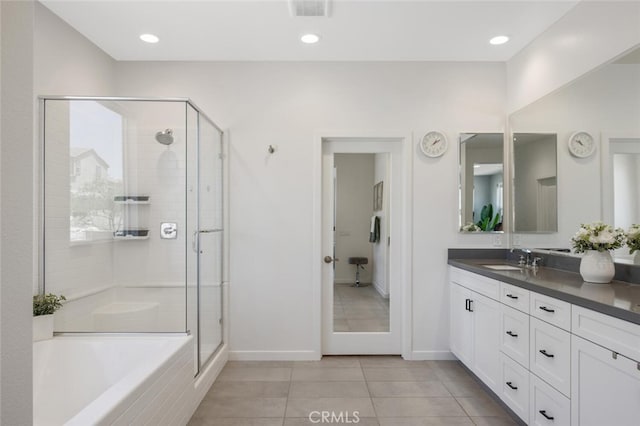 18171 Hedgerow Way, Saugus, CA 91350 - full bath with vanity, a stall shower, a bath, tile patterned flooring, and recessed lighting
