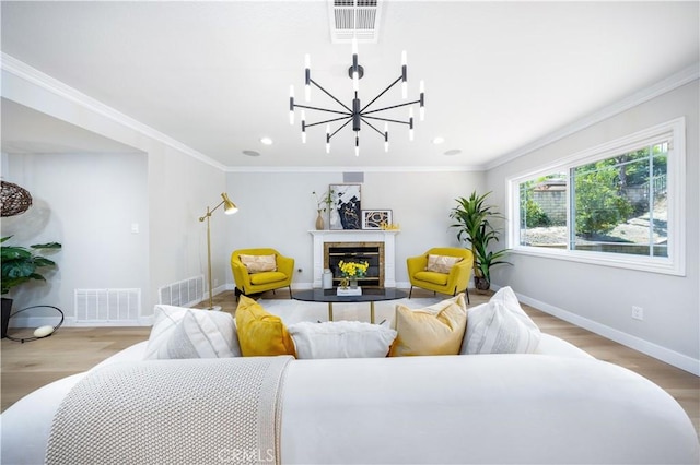 621 Foxhaven Pl, Diamond Bar, CA 91765 - living area featuring a chandelier, baseboards, wood finished floors, crown molding, and recessed lighting