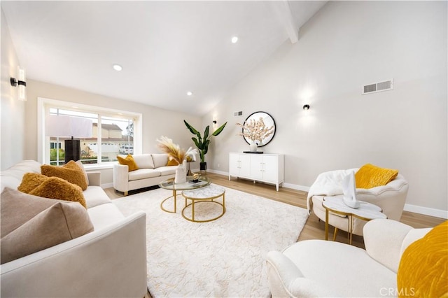 621 Foxhaven Pl, Diamond Bar, CA 91765 - living room featuring beam ceiling, light wood-type flooring, baseboards, recessed lighting, and high vaulted ceiling