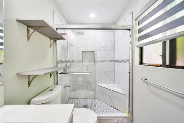 7035 Jon Allan Dr, North Hollywood, CA 91605 - bathroom featuring toilet, a stall shower, recessed lighting, and vanity