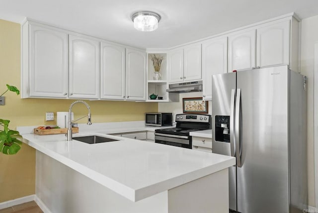 3505 Angelucci St Unit 1N, San Diego, CA 92111 - kitchen with appliances with stainless steel finishes, under cabinet range hood, a sink, a peninsula, and white cabinets