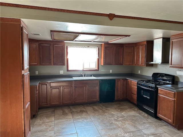 2378 Thisa Way, Hemet, CA 92544 - kitchen featuring black appliances, wall chimney range hood, a sink, brown cabinetry, and dark countertops