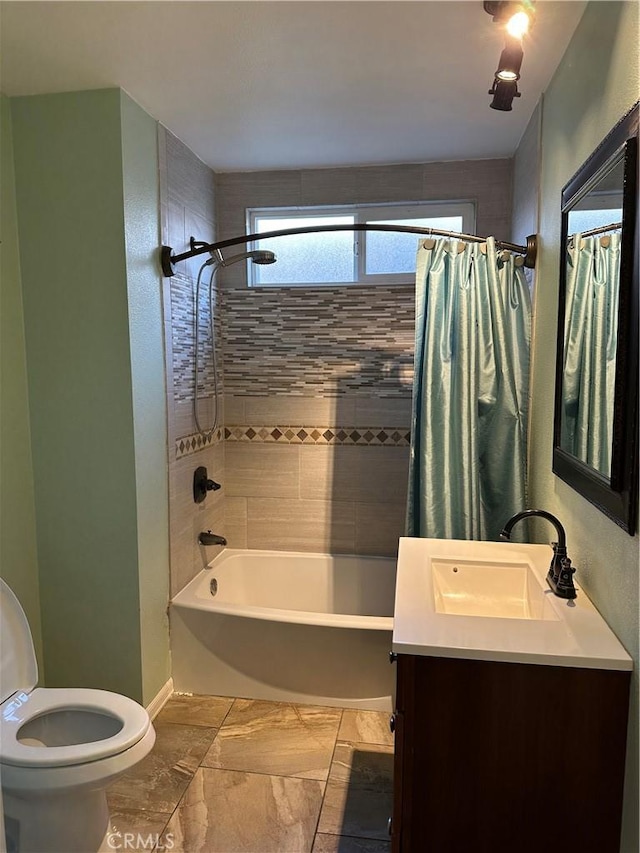 2378 Thisa Way, Hemet, CA 92544 - bathroom featuring toilet, shower / bath combination with curtain, vanity, baseboards, and marble finish flooring