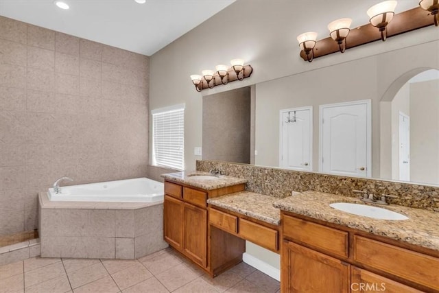 17322 Danbury Ave, Hesperia, CA 92345 - bathroom featuring double vanity, a garden tub, tile patterned floors, and recessed lighting