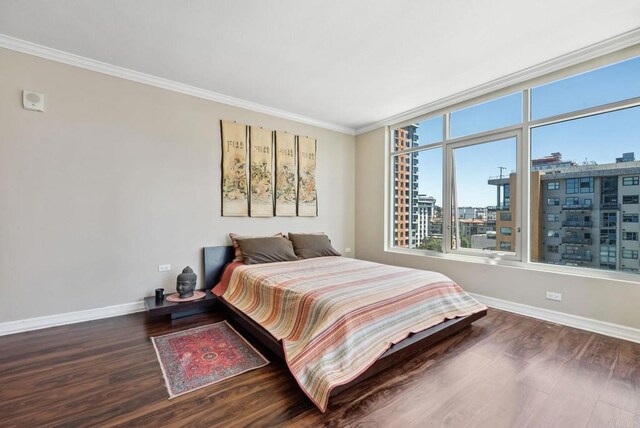 425 W Beech St Unit 1251, San Diego, CA 92101 - bedroom with wood finished floors, baseboards, ornamental molding, and a view of city