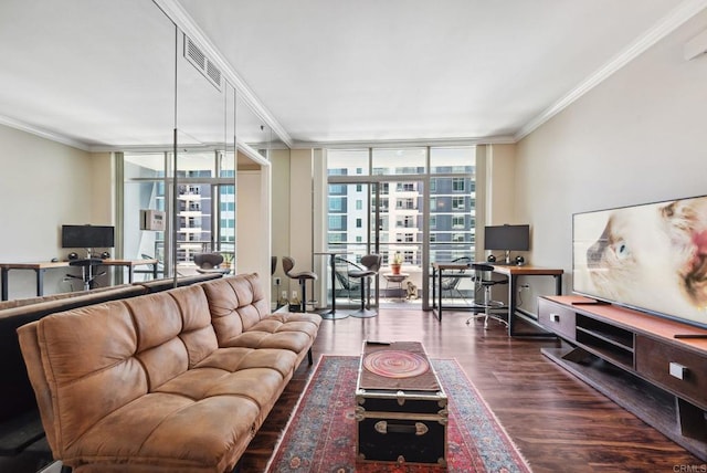 425 W Beech St Unit 1251, San Diego, CA 92101 - living room featuring a wall of windows, a desk, wood finished floors, and ornamental molding