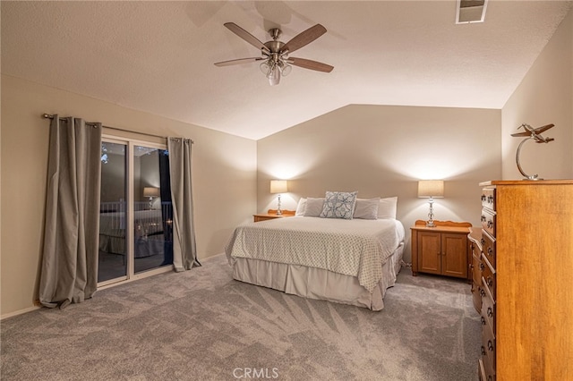 28367 Mount Stephen Ave, Canyon Country, CA 91387 - carpeted bedroom featuring access to exterior, lofted ceiling, and ceiling fan
