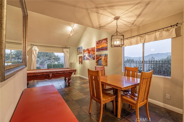 28367 Mount Stephen Ave, Canyon Country, CA 91387 - dining room featuring stone tile floors, billiards table, a mountain view, and vaulted ceiling