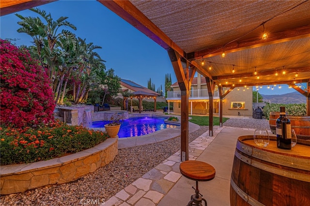 28367 Mount Stephen Ave, Canyon Country, CA 91387 - view of patio / terrace with a gazebo, an in-ground hot tub, an outdoor pool, and a mountain view