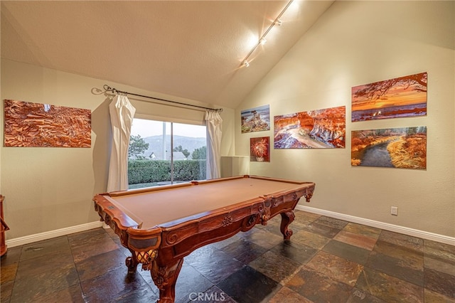 28367 Mount Stephen Ave, Canyon Country, CA 91387 - recreation room with stone tile floors, lofted ceiling, billiards, and a mountain view