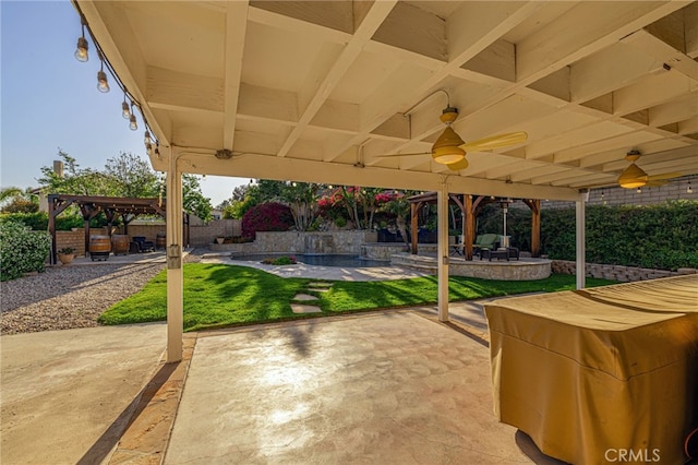 28367 Mount Stephen Ave, Canyon Country, CA 91387 - fenced backyard featuring a gazebo, a patio, and a ceiling fan