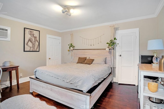 3031 4th Ave, Los Angeles, CA 90018 - bedroom featuring crown molding, dark wood-type flooring, baseboards, and a wall mounted AC