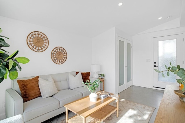 3031 4th Ave, Los Angeles, CA 90018 - living room with recessed lighting, vaulted ceiling, and concrete floors