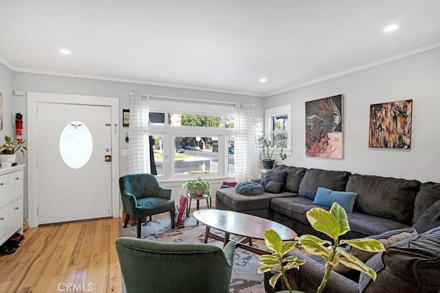 3031 4th Ave, Los Angeles, CA 90018 - living room with crown molding, light wood-type flooring, and recessed lighting