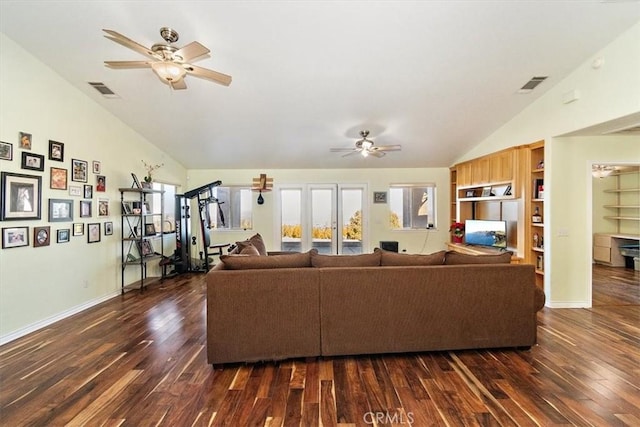9050 Ponderosa Rd, Pinon Hills, CA 92372 - living room with a ceiling fan, vaulted ceiling, dark wood-type flooring, and baseboards