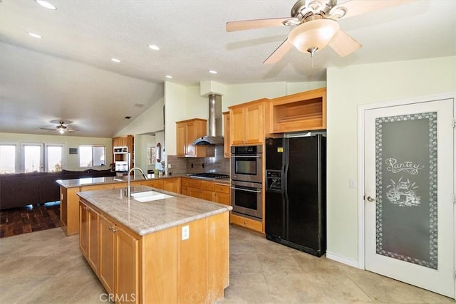 9050 Ponderosa Rd, Pinon Hills, CA 92372 - kitchen with stainless steel appliances, a sink, wall chimney range hood, a ceiling fan, and vaulted ceiling