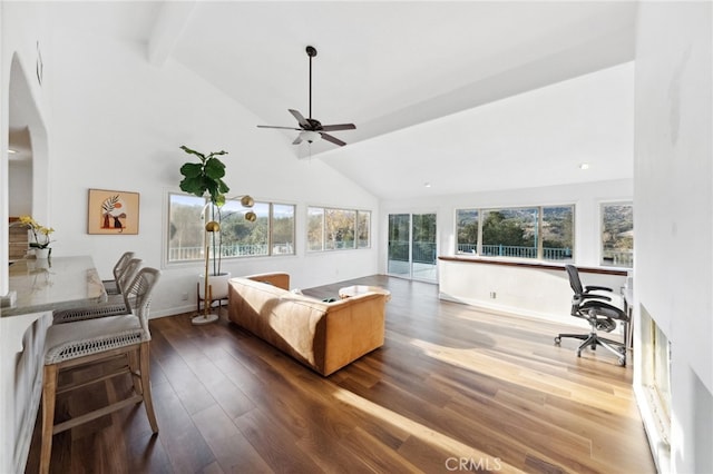 44310 Calle Bernardo, Temecula, CA 92590 - living room with ceiling fan, wood finished floors, an office area, beamed ceiling, and baseboards