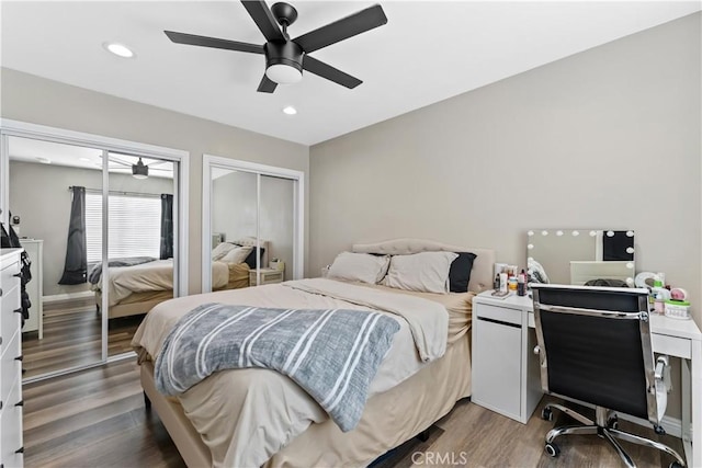 1422 S Exmoor Ave, Compton, CA 90220 - bedroom featuring multiple closets, wood finished floors, recessed lighting, and ceiling fan