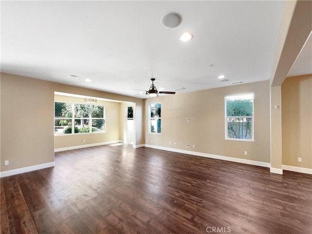 25329 Wild View Rd, Menifee, CA 92584 - unfurnished living room with a ceiling fan, dark wood-style floors, baseboards, and recessed lighting