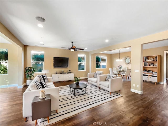 25329 Wild View Rd, Menifee, CA 92584 - living room featuring wood finished floors, baseboards, ceiling fan, and recessed lighting
