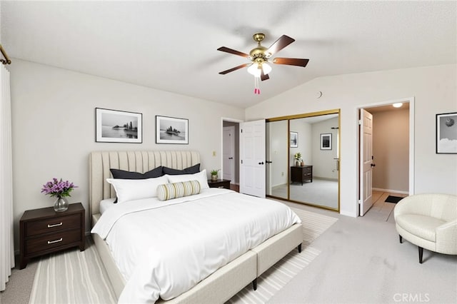 1819 Acosta Ave, Lancaster, CA 93535 - bedroom with light colored carpet, lofted ceiling, a closet, baseboards, and a ceiling fan