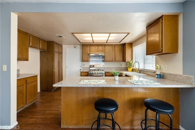 1819 Acosta Ave, Lancaster, CA 93535 - kitchen featuring gas stove, brown cabinets, a peninsula, and dark wood-type flooring