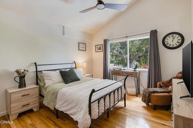 448 W Montecito Ave, Sierra Madre, CA 91024 - bedroom featuring light wood-type flooring, high vaulted ceiling, and ceiling fan
