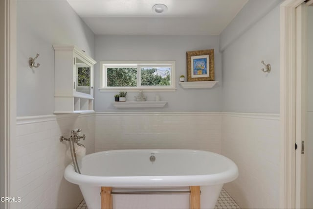 448 W Montecito Ave, Sierra Madre, CA 91024 - bathroom with a freestanding tub, a wainscoted wall, and tile walls