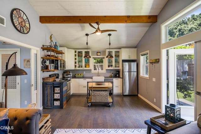 448 W Montecito Ave, Sierra Madre, CA 91024 - kitchen featuring stainless steel appliances, dark countertops, a sink, dark wood finished floors, and white cabinets