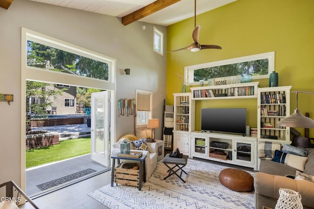 448 W Montecito Ave, Sierra Madre, CA 91024 - living room with wood finished floors, beam ceiling, ceiling fan, and a towering ceiling