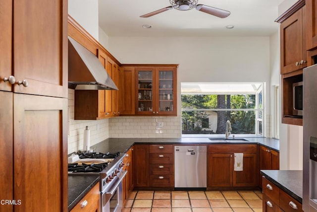 448 W Montecito Ave, Sierra Madre, CA 91024 - kitchen with stainless steel appliances, a sink, ventilation hood, backsplash, and a ceiling fan