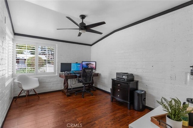 4674 Norton Pl, Riverside, CA 92506 - office space with vaulted ceiling, a ceiling fan, wood finished floors, and ornamental molding