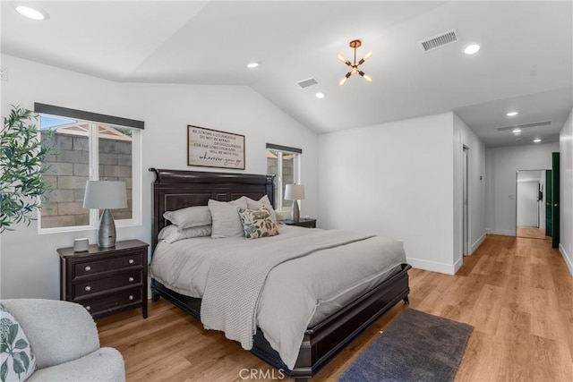 4674 Norton Pl, Riverside, CA 92506 - bedroom featuring vaulted ceiling, light wood finished floors, a chandelier, baseboards, and recessed lighting